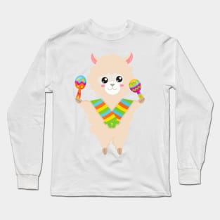 Mexican Llama, Cute Llama, Alpaca, Scarf, Maracas Long Sleeve T-Shirt